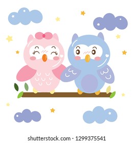 Illustrator of Cute couple owl on sky cartoon (Vector) Animal Family, falling in love: Valentines Day- card and Print for t-shirt. Romantic hand drawing or background for children.