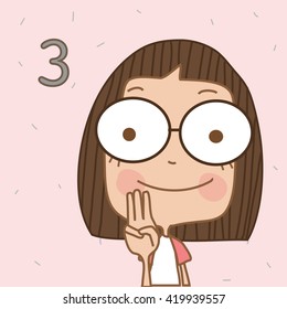 Illustrator cute girl learn number and counting with kids hand showing the number tree.