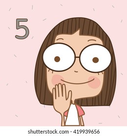 Illustrator cute girl learn number and counting with kids hand showing the number five.