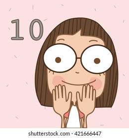 Illustrator cute girl learn number and counting with kids hand showing the number ten.