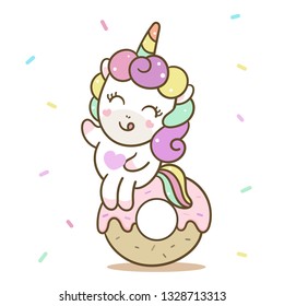 Illustrator of Cute Unicorn cartoon with little donut and mini heart (Vector) Valentine day, Happy Birthday with love, Kawaii style (happy unicorn expressions): Illustration of fairytale pony for kids