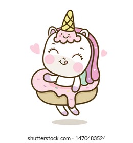 illustrator Cute Unicorn cartoon with Sweet cupcake donut and ice cream Vector Pony horse with pink pastel, Nursery decoration:Kawaii animal (fairytale love valentines day)- card and Print for t-shirt