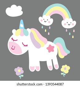 Illustrator of Cute Unicorn Vector collection with Doodle rainbow cartoon, flower, baby animal, Kawaii Character pony cartoon, Nursery decoration- Perfect for kid's greeting card design and Print