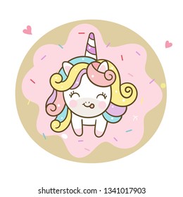 Illustrator of Cute Unicorn vector with donut cartoon and mini heart (Vector) Valentine day, Happy Birthday with love, Kawaii style (happy unicorn expressions): series Illustration of cute fairytale.