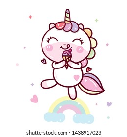 Illustrator of Cute Unicorn vector ice cream Happy birthday, Yummy food, dessert, Kawaii pony cartoon, Nursery decoration, hand drawn isolated on a white background: Fairytale horse- Perfect for kid.