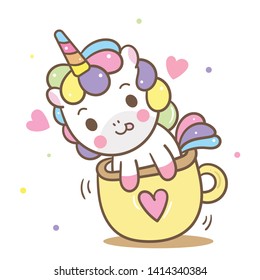 Illustrator of Cute Unicorn vector in mini cup, Kawaii pony cartoon, Nursery decoration, hand drawn isolated on a white background: Fairytale horse- Perfect for kid's greeting card design and Print.
