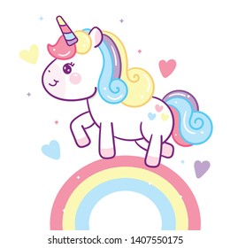 Ilustrador de la colección de arco iris del vector Cute Unicorn, animal bebé, caricatura de Kawaii Character pony, cumpleaños, fondo pastel- Perfecto para el diseño de tarjetas de felicitación para niños e Imprimir para pantalones en t.