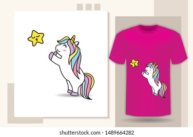 Illustrator of the cute Unicorn vector with a star on it on a white background, Unicorns in flat style design for kid's clothes