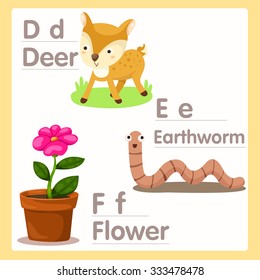 Illustrator of D E F with alphabet deer earthworm and flower