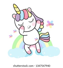 Illustrator of Dabbing Unicorn cartoon (Vector) with flower (happy unicorn expressions): Illustration of cute fairytale pony- card and Print for t-shirt. Romantic hand drawing or instructional media.