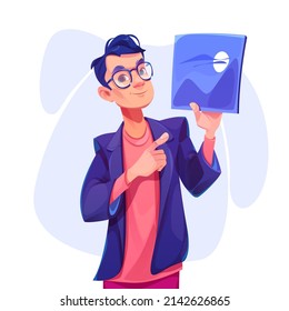 Illustrator or designer male character holding digital tablet in hand pointing on picture. Creative person develop painting project, man artist, graphic design profession, Cartoon vector illustration