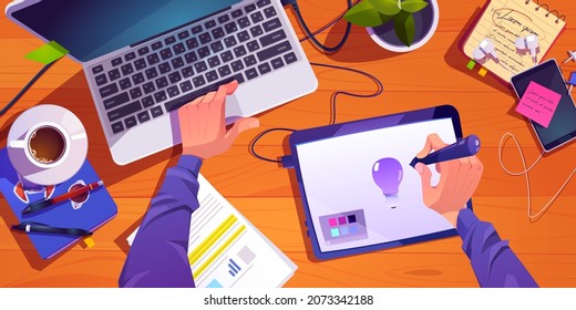 Illustrator or designer working process at workplace top view, male hands painting on digital tablet and laptop, develop creative project, graphic design artist profession, Cartoon vector illustration