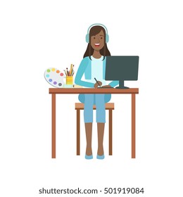 Illustrator Drawing With Computer Devices, Creative Person Illustration
