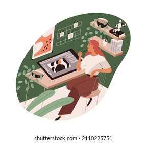 Illustrator drawing on graphic tablet. Digital artist work at desk, painting at home workplace. Woman painter with stylus and electronic device at table. Flat vector isolated on white background