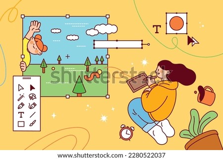 An illustrator is drawing a picture. Girl using tablet and digital drawing interface. Everything floats in the yellow space. Uniquesself life