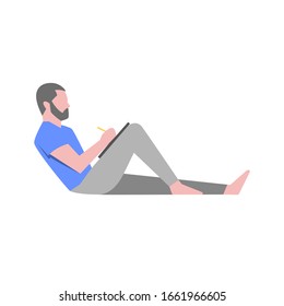 Illustrator drawing or sketching with pencil, side view. Man sits on the ground and draws. Flat design vector illustration