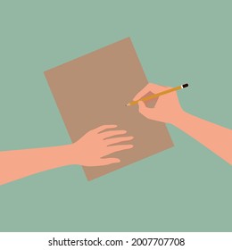 Illustrator draws, writes, paints. Artist holds the pencil. Hands, paper, workspace. Top view. Green background. Vector simple illlustration.