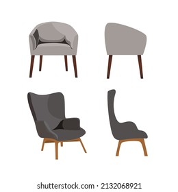 Ilustrador cuatro sillas de color gris, una silla de color gris oscuro y otra silla de color gris claro. Silla vectorial con cuatro patas marrones y sombra desde el lado izquierdo.