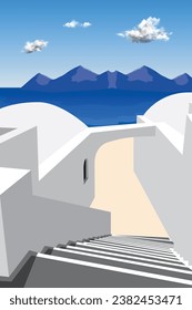 ilustrador Construcción del hogar con ventana de escalera cielo azul de nube blanca y montaña