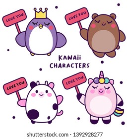 illustrator of Kawaii Characters Animal collection cartoon holding love you label, Cute Unicorn Pony Vector, Penguin, Happy Bear, Kawaii cow for baby shower and happy birthday - Perfect for kid 
