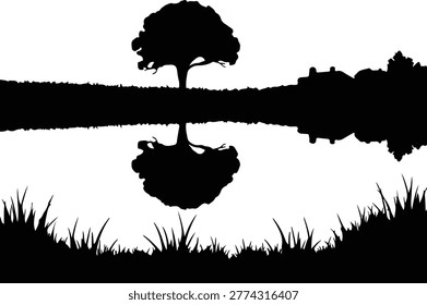 Illustrator lone tree reflecting in a lake