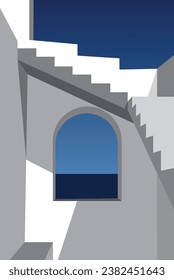 illustrator Minimal the basement room with windows and stairs sea sky