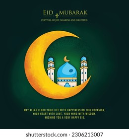 illustrator of moon and mosque with cloud. Eid mubarak  islamic greeting card , poster,  banner design, vector illustration