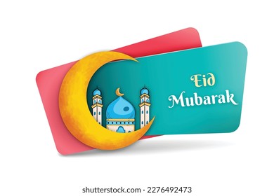 illustrator of moon and mosque . Eid mubarak  islamic greeting card , poster,  banner design, vector illustration