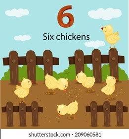Illustrator of number six chickens