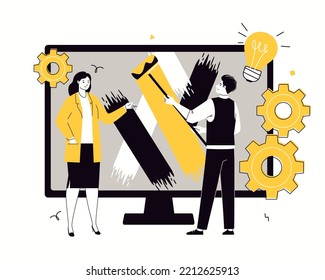 Illustrator on computer screen draws colored strokes with molar roller. Character designer, art director or customer. Concept of creative process of creating vector illustration, ideas, inspiration.
