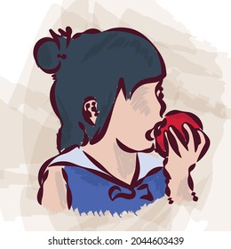 illustrator painting a child eating an apple. vector