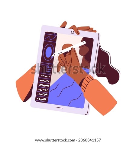 Illustrator, painting on tablet, drawing woman character. Hand with digital pen, brush. Professional 2d artist create picture. Art hobby or work isolated flat vector illustration on white background
