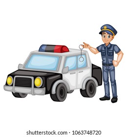 Illustrator of a Police Officer with a Police Car and Handcuffs, Young Handsome Man, Cartoon Policeman with a Complete Uniform, Cartoon Character, Vector Illustration Isolated on White Background
