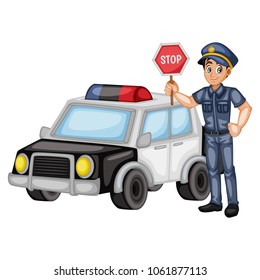 Illustrator of a Police Officer with a Police Car Holding a Stop Sign, Young Handsome Man, Cartoon Policeman Character with a Complete Uniform, Vector Illustration Isolated on White Background
