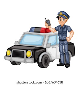 Illustrator of a Police Officer with Police Car Talking on a Walkie Talkie, Young Handsome Man, Cartoon Policeman with a Complete Uniform, Cartoon Character, Vector Illustration Isolated on White Back