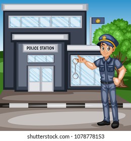 Illustrator of a Police Officer with Handcuffs in front of Police Station, Young Handsome Man, Cartoon Policeman with a Complete Uniform, Cartoon Character, Vector Illustration 
