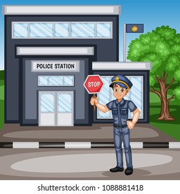 Illustrator of a Police Officer Holding a Stop Sign, Young Handsome Man, Cartoon Illustration of Policeman Character with a Complete Uniform in Front of Police Station
