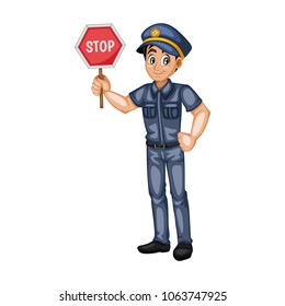 Illustrator of a Police Officer with a Stop Sign, Young Handsome Man, Cartoon Policeman with a Complete Uniform, Cartoon Character, Vector Illustration Isolated on White Background
