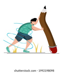 un ilustrador está empujando un lápiz. ilustración plana