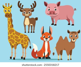 Conjunto de lindo safari, selva, Ilustración vectorial de animales. Personajes animalistas de dibujos animados en Vector de estilo plano: zorro, camello, cerdo, ciervo, jirafa, etc Ilustración vectorial animal