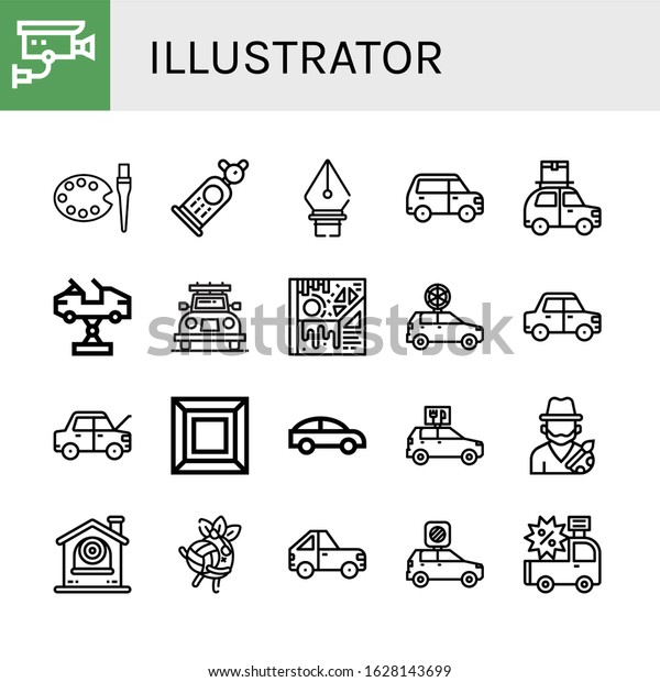 illustrator simple icons set. Contains such icons as\
Cctv, Art, Car, Pen tool, Artist, Volleyball, can be used for web,\
mobile and logo