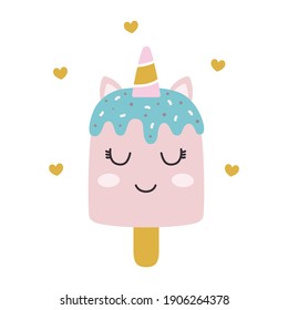 illustrator of unicorn ice cream collection cartoon, baby animal, summer holiday, white background, greeting card design and print for children