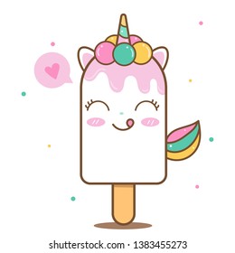 illustrator of Unicorn icecream collection cartoon, baby animal, Kawaii pony cartoon, Summer holiday, white background (Pastel pattern): Perfect for kid's greeting card design and Print for t-shirt.