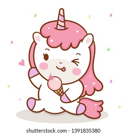 illustrator of Unicorn Vector holding icecream collection cartoon baby animal, Kawaii Character pony cartoon, Summer holiday white background- Perfect for kid's greeting card design and Print.
