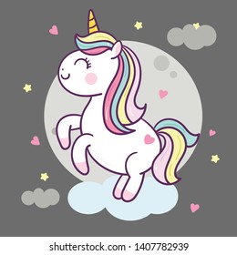 illustrator of Unicorn Vector jump on the air with moon and star, baby animal, Kawaii Character pony cartoon, sweet night- Perfect for kid's greeting card design, background and Print for t-shirt. 