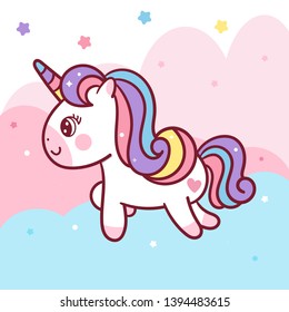 Illustrator of Unicorn Vector on the sky collection cartoon baby animal, Kawaii Character pony cartoon, Summer holiday pastel background- Perfect for kid's greeting card design and Print for t-shirt. 