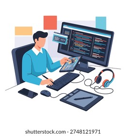 Illustrator using graphics tablet and computer monitor