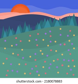 Illustrator vector of beautiful scenery of flower garden with mountain and forest view with sunset background