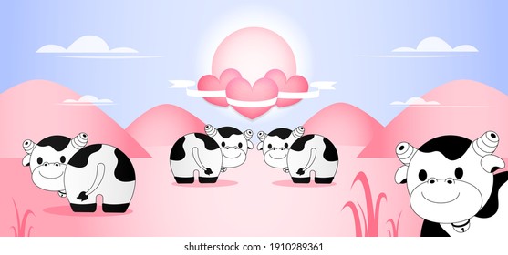 Illustrator vector cute banner background ads of happy Valentine's Day and happy Chinese New Year 2021 year of ox or cow on February event concept.