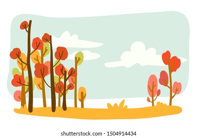 Illustrator vector format linear flat - Autumn background - illustration Landscape with trees, plants and copy space for text.